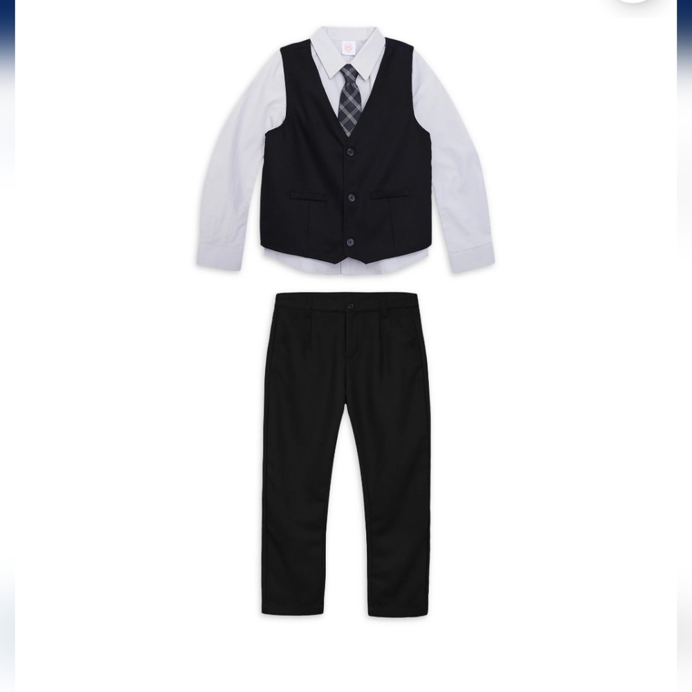 Boys Black Vest & Pants Dress Set with Gray Shirt and Plaid Tie